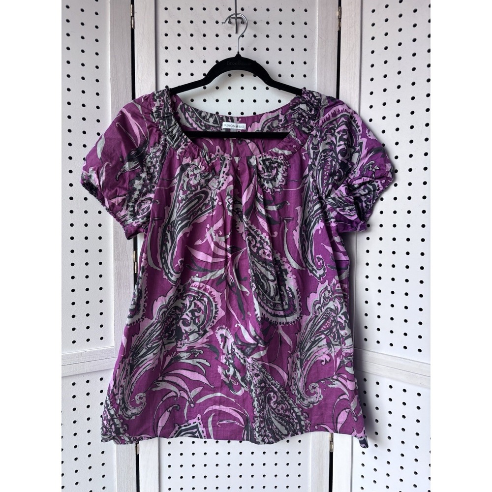 Fashion Bug Women's Lg Purple‎ Paisley 100% Cotton Short SLV Shirt Blouse